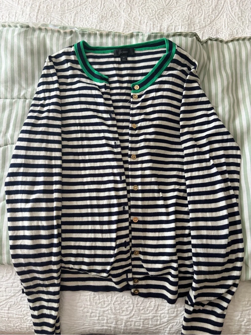 J. Crew Navy and White Striped Cotton Cardigan with Green Trim